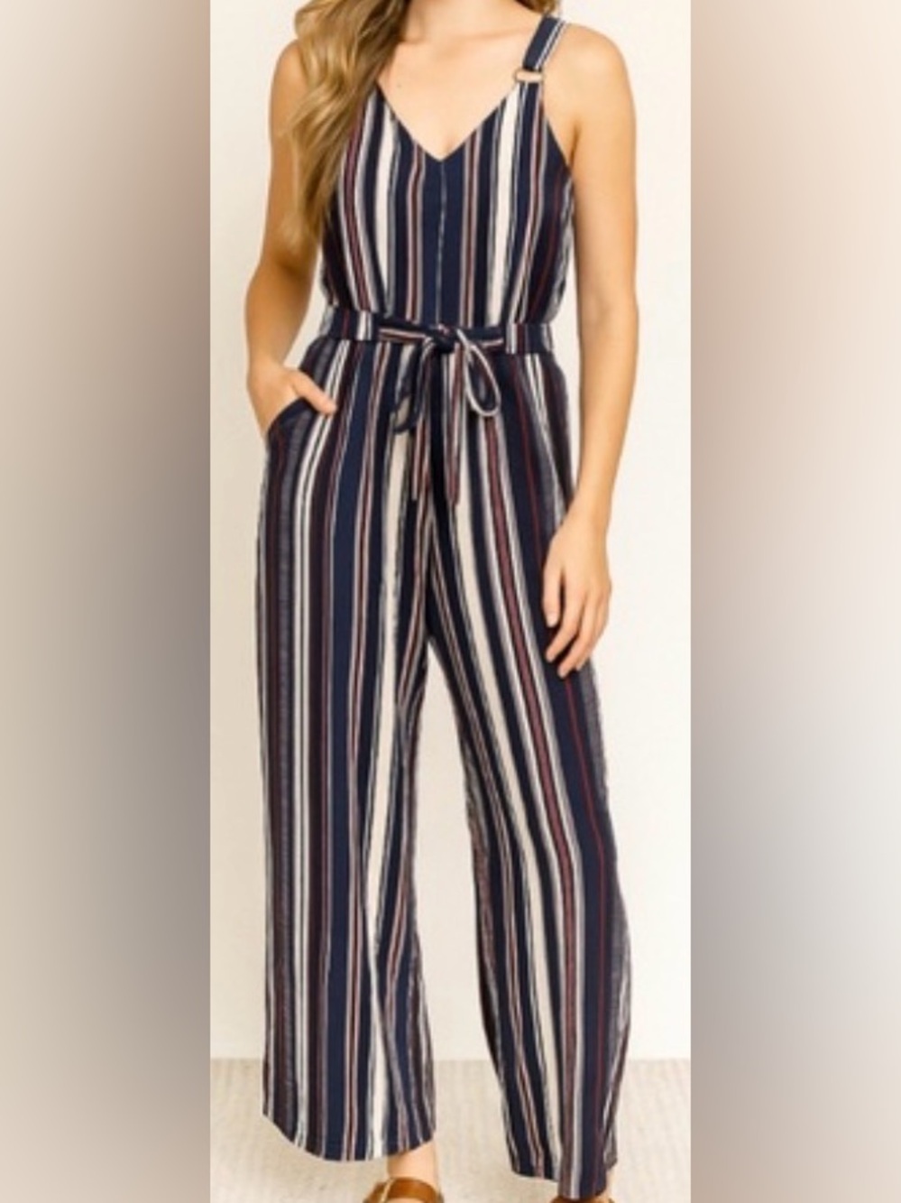 Derek Heart Navy Striped Tie-Waist Jumpsuit